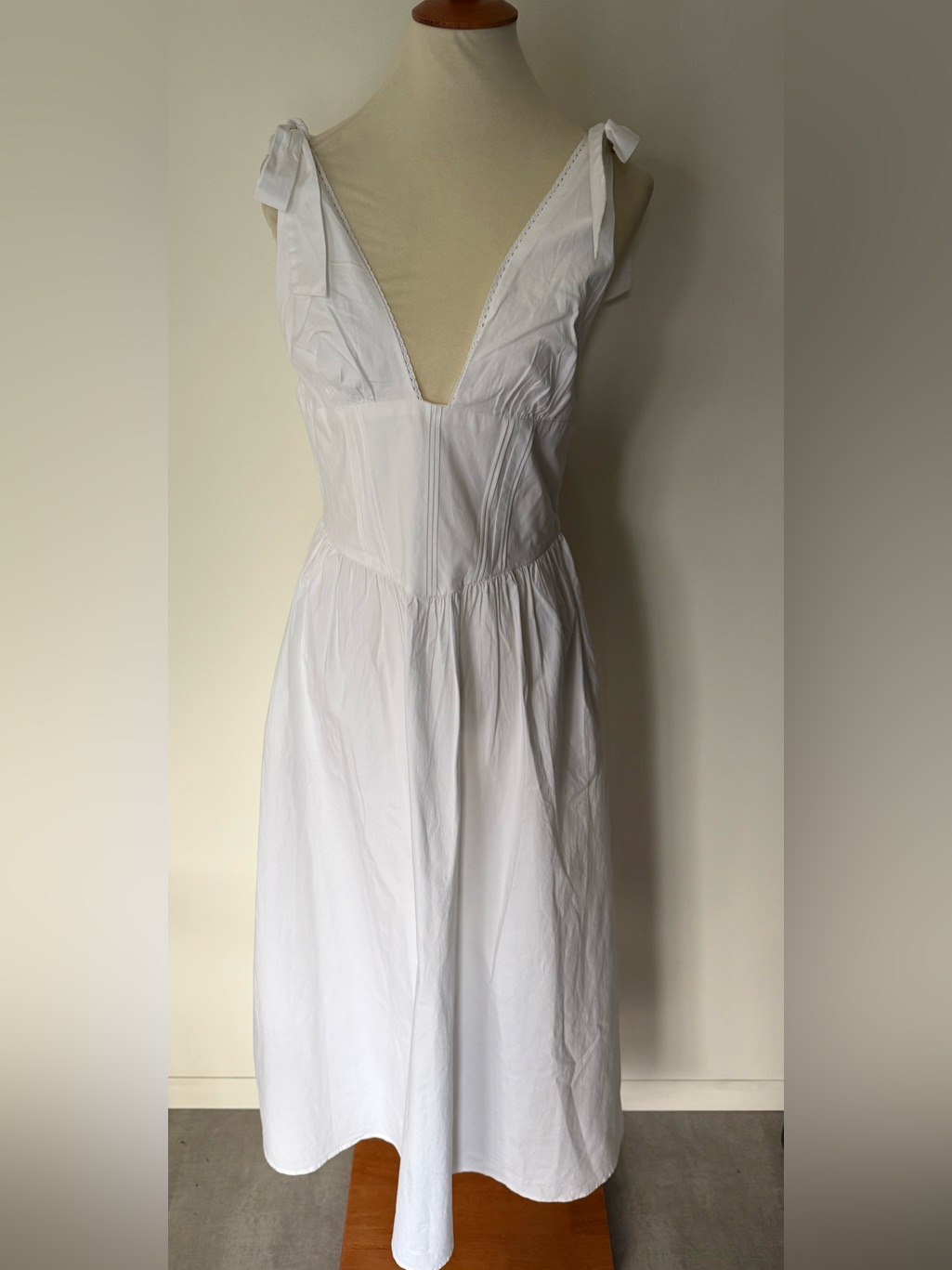Zara Crisp White Cotton Tie-Shoulder V-Neck Midi Dress